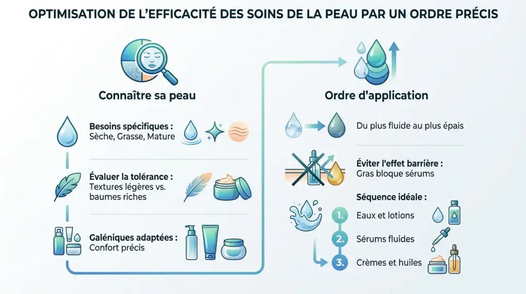Infographie expliquant comment optimiser l'efficacité des soins cutanés : connaître sa peau et appliquer les produits du plus fluide au plus épais.