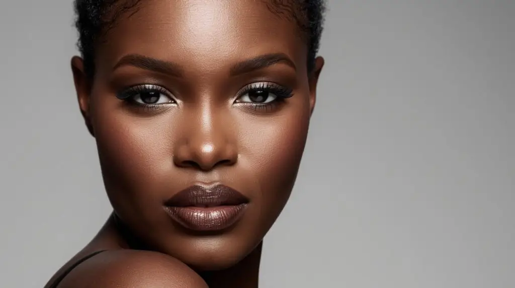 Femme peau noire maquillage naturel fond de teint eclat